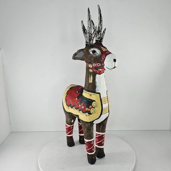 Hand Painted Papier Mache Reindeer Statue With Antlers Colorful Saddle Christmas - Picture 4 of 9